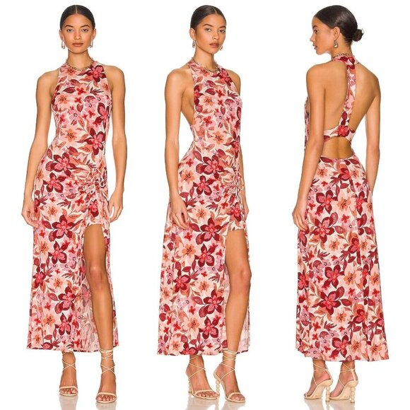 Free People Mimi Pink Red Floral Ruched Beachy Flowy Maxi Dress 37625 - Picture 1 of 14